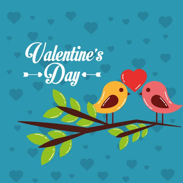 Dia dos namorados cartão par pássaros coração na árvore de ramo — Vetor de Stock