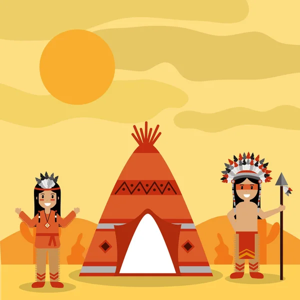 Dva lidé indiánské teepee a pouštní krajina — Stockový vektor