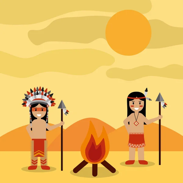 Sivatagi táj és a két amerikai indián a máglya — Stock Vector