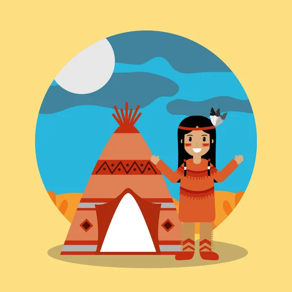 Native american indian standing teepee landscape — Stock Vector