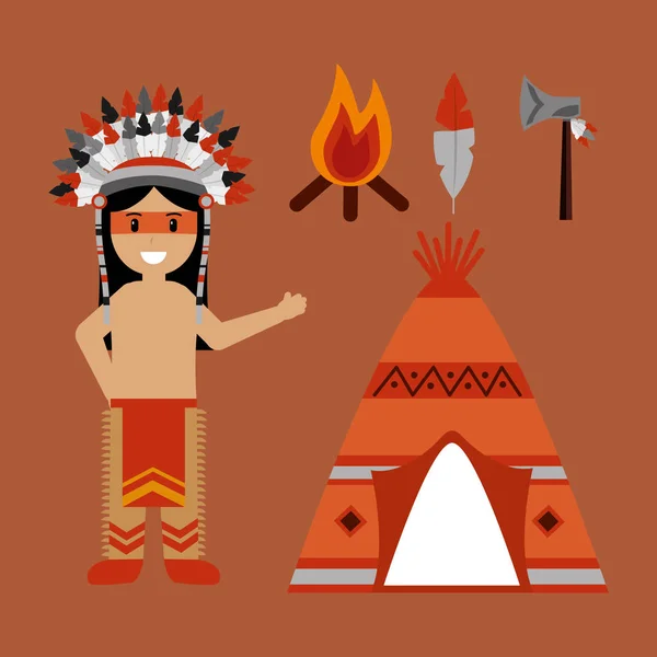 Native american indian character teepee axe and bonfire — Stock Vector