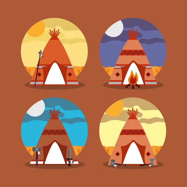 Cuatro tipi casa nativo americano con diferencia de paisaje — Vector de stock