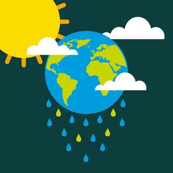 Tierra gotas lluvia nubes sol cambio climático — Vector de stock