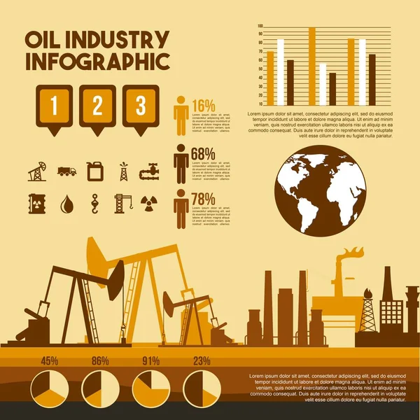 Industria petrolera infografía proceso fábrica pasos gráficos — Vector de stock