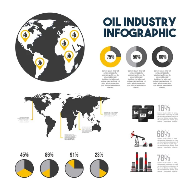 Infografía de la industria petrolera diagrama de gráficos de extracción de gas con mapa del mundo — Vector de stock