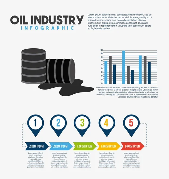 Industrie pétrolière infographie baril diagramme de pétrole bar et étapes entreprise — Image vectorielle