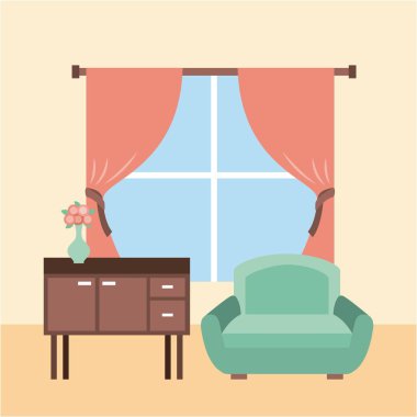 oturma odası iç kanepe mobilya dolap pencere ve çiçek vazo perdeler