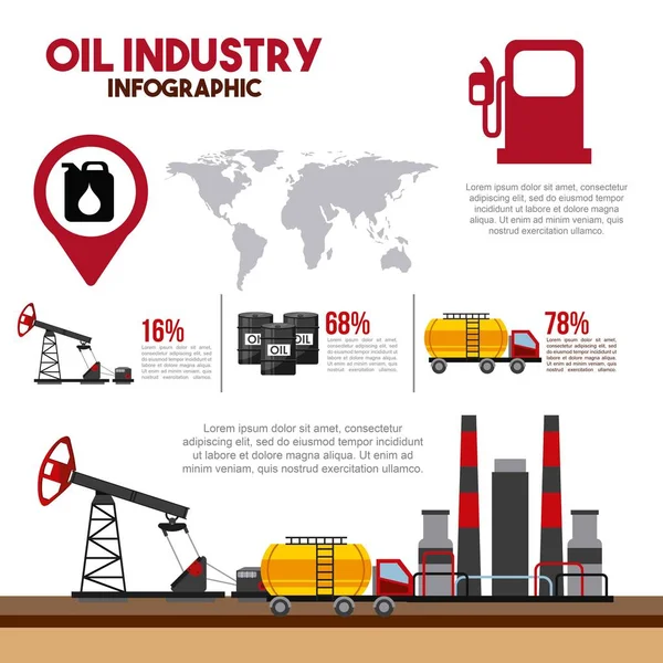 Infographie de l'industrie pétrolière avec diagramme des produits statistiques d'extraction et de consommation — Image vectorielle