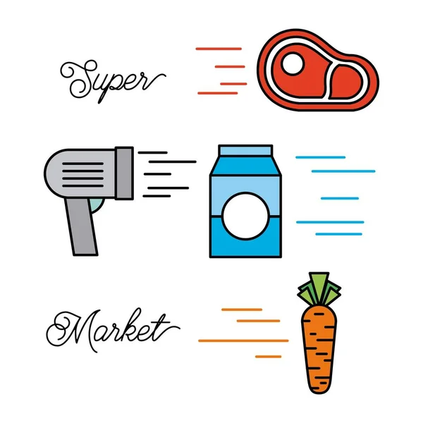 Süpermarket gıda et biftek süt sebze barkod tarayıcı ürünleri vektör çizim ile ayarla — Stok Vektör
