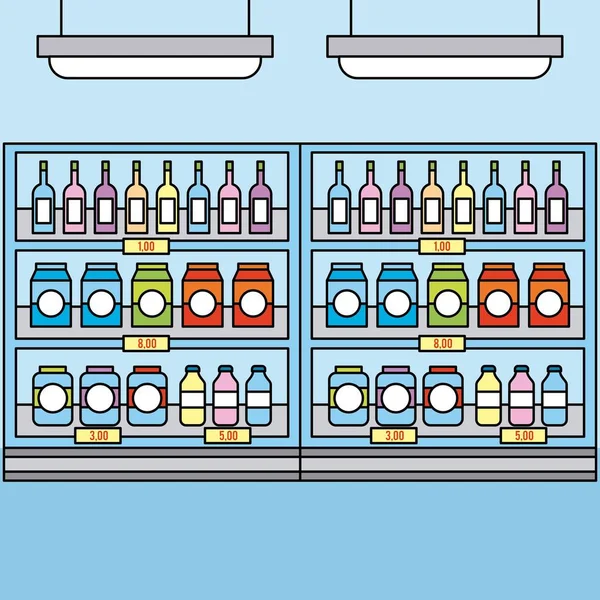 Supermarket shelves with groceries drinks for sale — Stock Vector