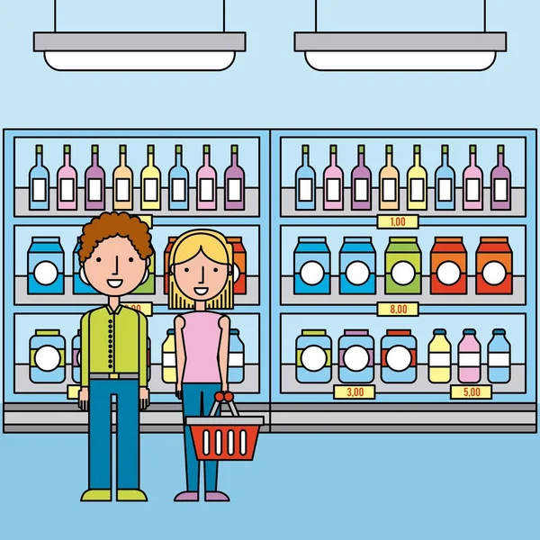 スーパー マーケットの棚のボトルとボックスの飲料とのカップル — ストックベクタ
