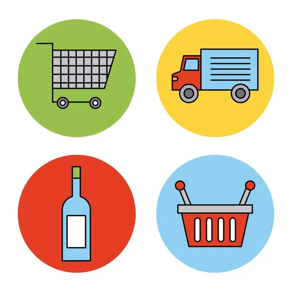 Conjunto o elementos de diseño relacionados con la cesta de la tienda del supermercado carro y botella — Archivo Imágenes Vectoriales