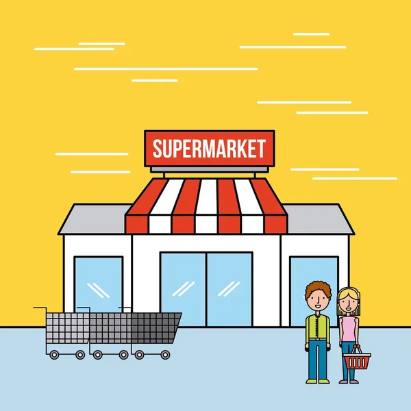 Supermercado edificio pareja clientes carrito de compras — Vector de stock