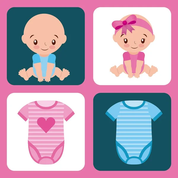 Niedliches Set für Babydusche Mädchen und Jungen Kleidung — Stockvektor