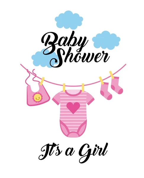 Baby shower its a girl clothes hanging with cloud — Stock Vector