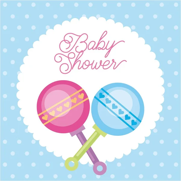 Baby sprcha karty pozdrav s pozadím chřestýš tečky hračka — Stockový vektor