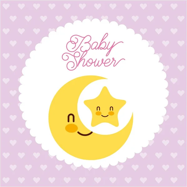 Bebê chuveiro cartão saudação convite estrela lua desenhos animados corações fundo — Vetor de Stock