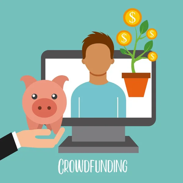 Crowdfunding online samenwerking mensen piggy Bank — Stockvector