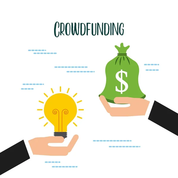 Crowdfunding mano hombre de negocios con bolsa dinero idea — Vector de stock