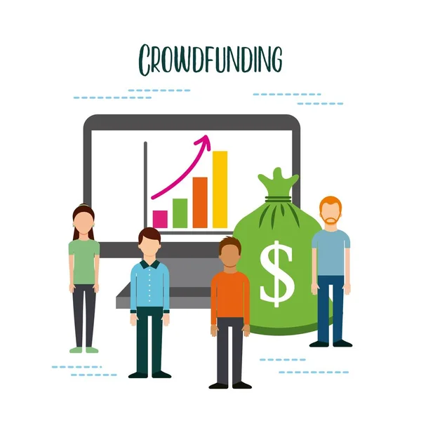 Crowdfunding persone soldi computer finanza online grafico — Vettoriale Stock