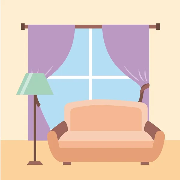 Salón interior un sofá lámpara piso ventana cortinas — Vector de stock