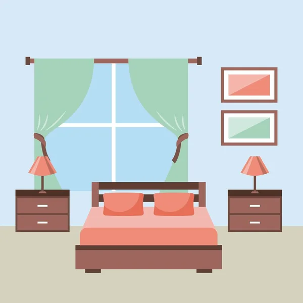 Chambre à coucher intérieur avec meubles chevet lampe de table cadre fenêtre — Image vectorielle