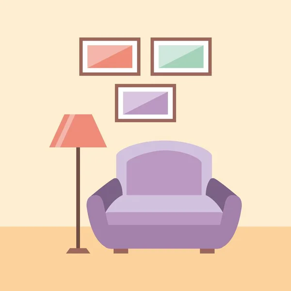 Interiér obývacího pokoje pohovka lampu a rámečky dekorace — Stockový vektor
