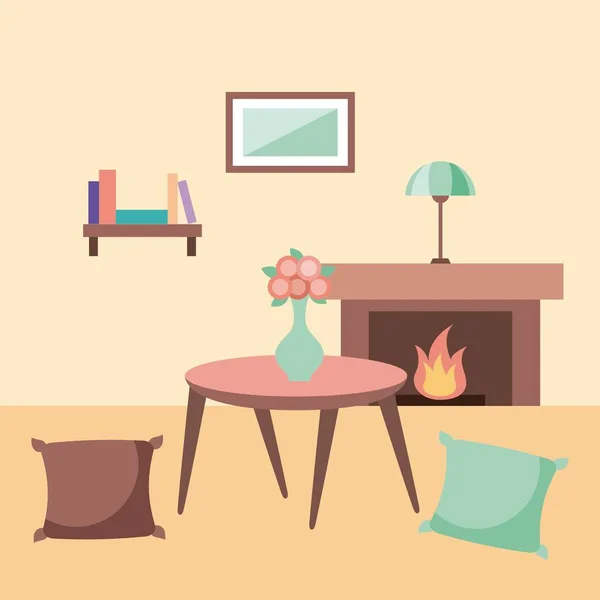 Salle de repos avec oreillers table bibliothèque lampe cheminée — Image vectorielle