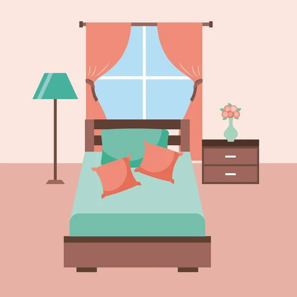 Chambre lit intérieur avec lampe de meubles table fleur oreiller fenêtre — Image vectorielle