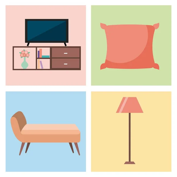 Set di interni casa camera con mobili icone soggiorno camera da letto — Vettoriale Stock