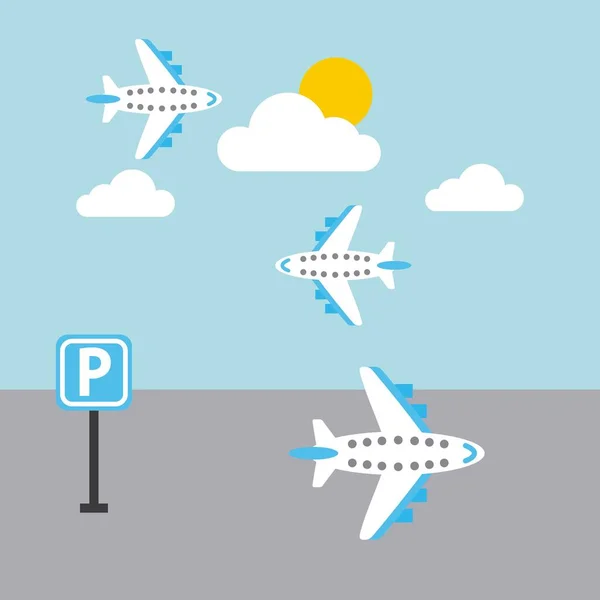 Aeropuerto avión vuelo cielo sol nube estacionamiento signo — Archivo Imágenes Vectoriales