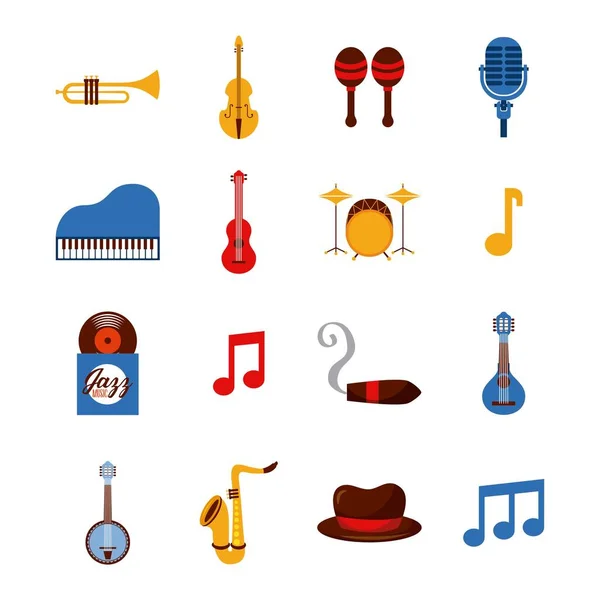 Set di icone jazz elementi musicali concetto — Vettoriale Stock