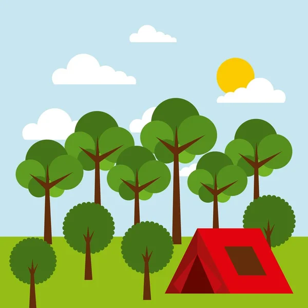 Forest outdoor camp tent tree sky sun — Stock Vector