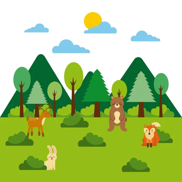 Bosque y animales vida silvestre montañas pino árbol paisaje — Vector de stock