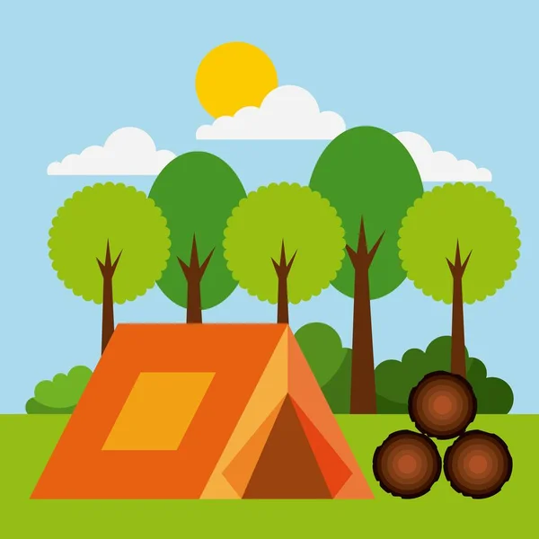 Forest outdoor camp tent wooden tree sun cloud bush — Stock Vector
