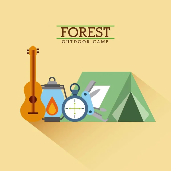 Forest outdoor camp tent guitar lantern and compass poster — Stock Vector