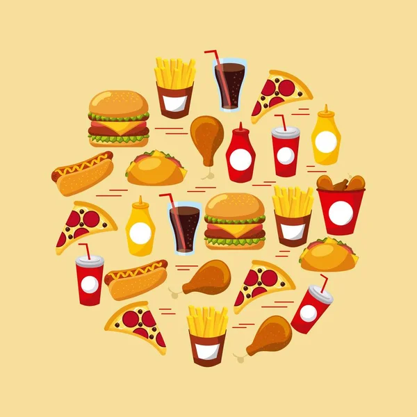 Fast food set di icone menu ristorante malsano — Vettoriale Stock