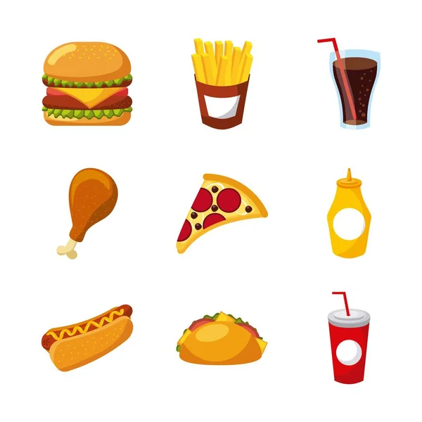 Rychlé občerstvení sada ikon menu nezdravé restaurace — Stockový vektor