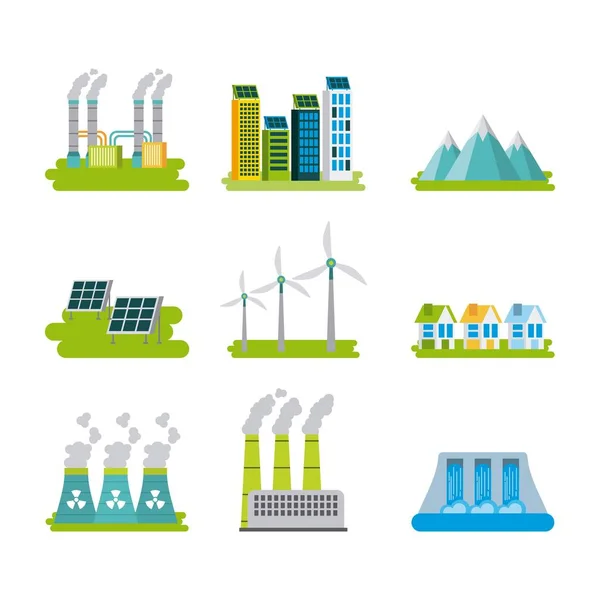 Conjunto de ícones representando ambiente ecologia energias renováveis conservação da natureza — Vetor de Stock