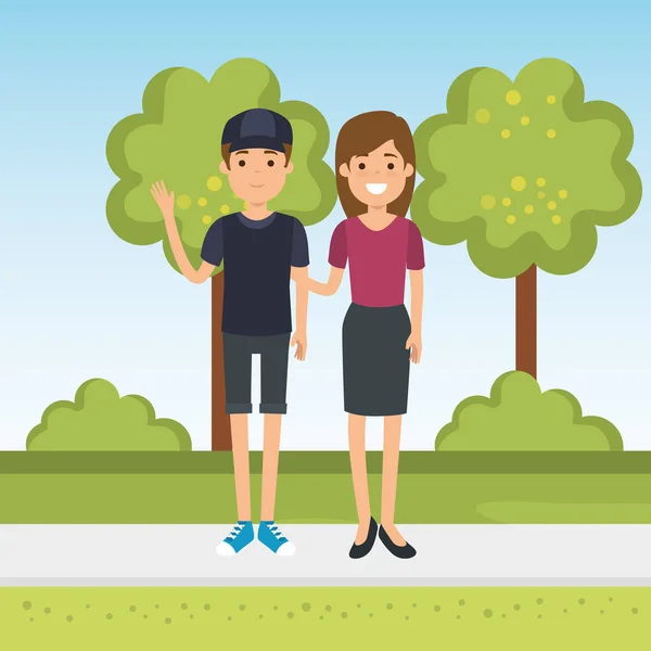 Pareja en los personajes del parque — Vector de stock