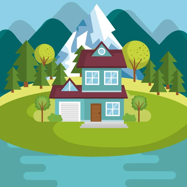 Paysage avec maison et scène de lac — Image vectorielle