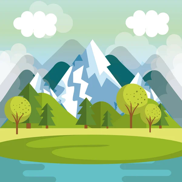 Paisaje con montañas y escena del lago — Vector de stock