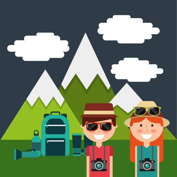 Roztomilý pár turistů dovolená hory batoh — Stockový vektor