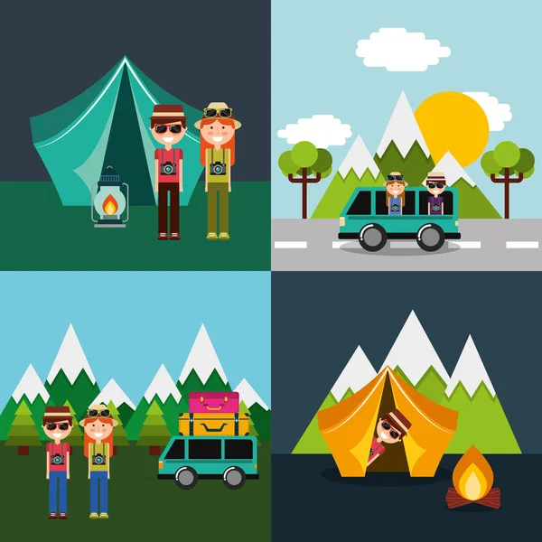 Couple en vacances camping montagne tente voiture van ensemble — Image vectorielle