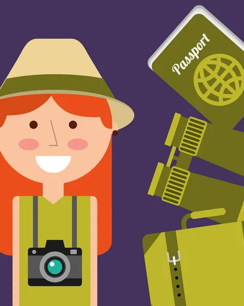 Портрет щаслива жінка відпустка паспорт бінокль і валіза — стоковий вектор