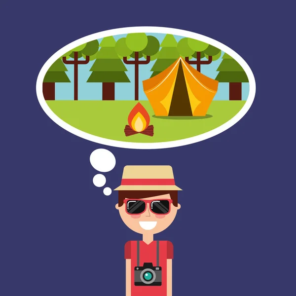 Fröhliche Touristen denken camping Zelt Wald Urlaub — Stockvektor
