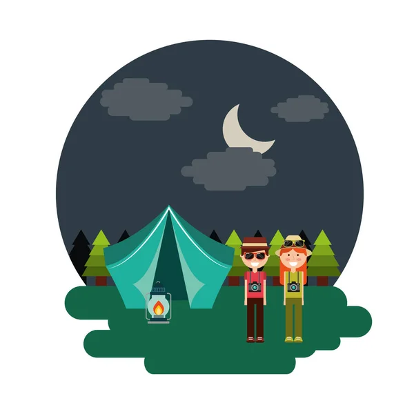 Para, namiot camping, spalanie nocny krajobraz — Wektor stockowy