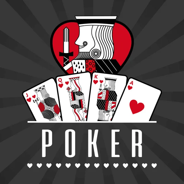 Deck card casino poker král srdce černé paprsky pozadí — Stockový vektor