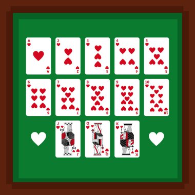 küme kalp takımdan yeşil masada poker oyun kağıdı