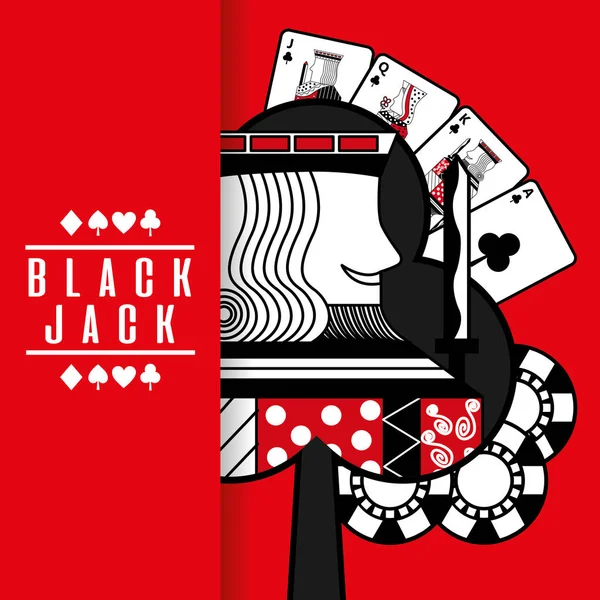 Black jack casino poker cards king chip red background — Stock Vector
